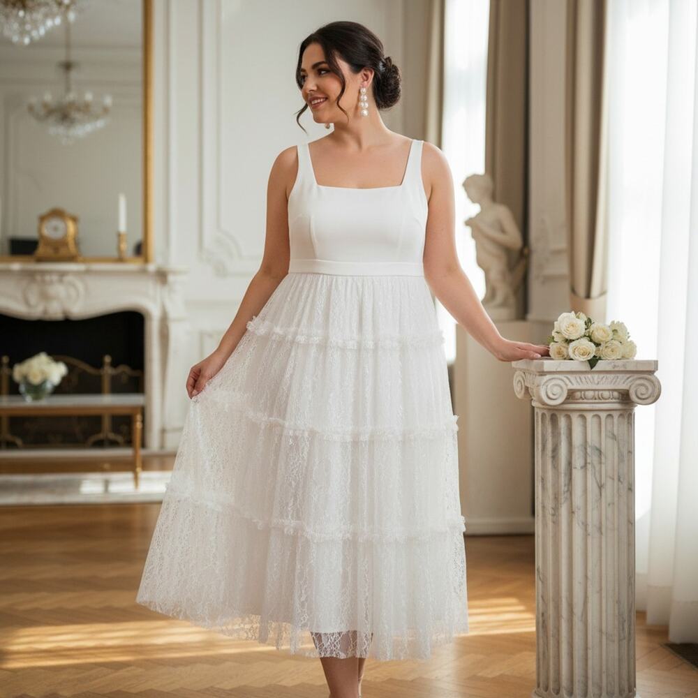 G-25 Adrianna Papell White Lace Tiered Dress Size 14W NWT  Square‑Neck Midi